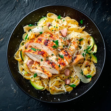 Паста с куриным филе и овощами
