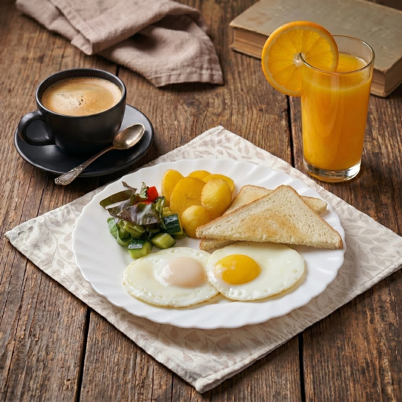 Глазунья с картофелем , свежие овощи и тост