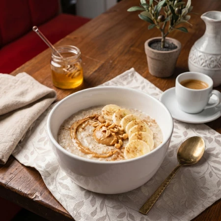 Каша геркулесовая с бананом и арахисовой пастой 