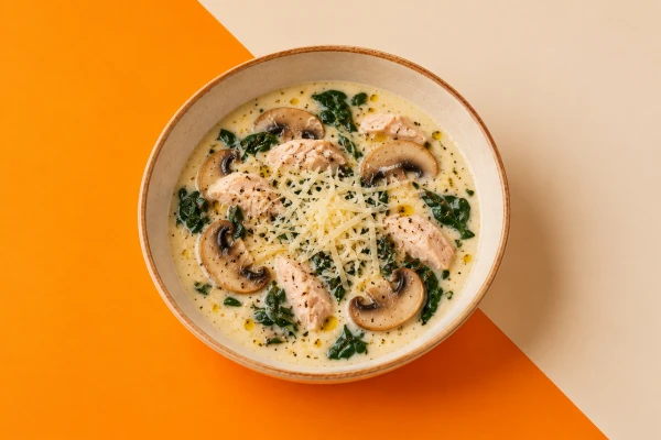 Сливочный суп с курочкой, шпинатом и грибами