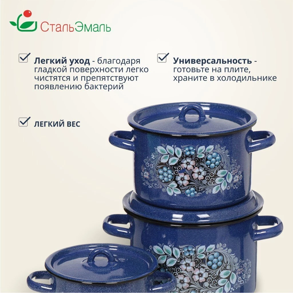 Набор посуды эмалированная сталь, 3 предмета, кастрюли 1.5,2.9,4.5 л, индукция, СтальЭмаль, Голубика, 1с33