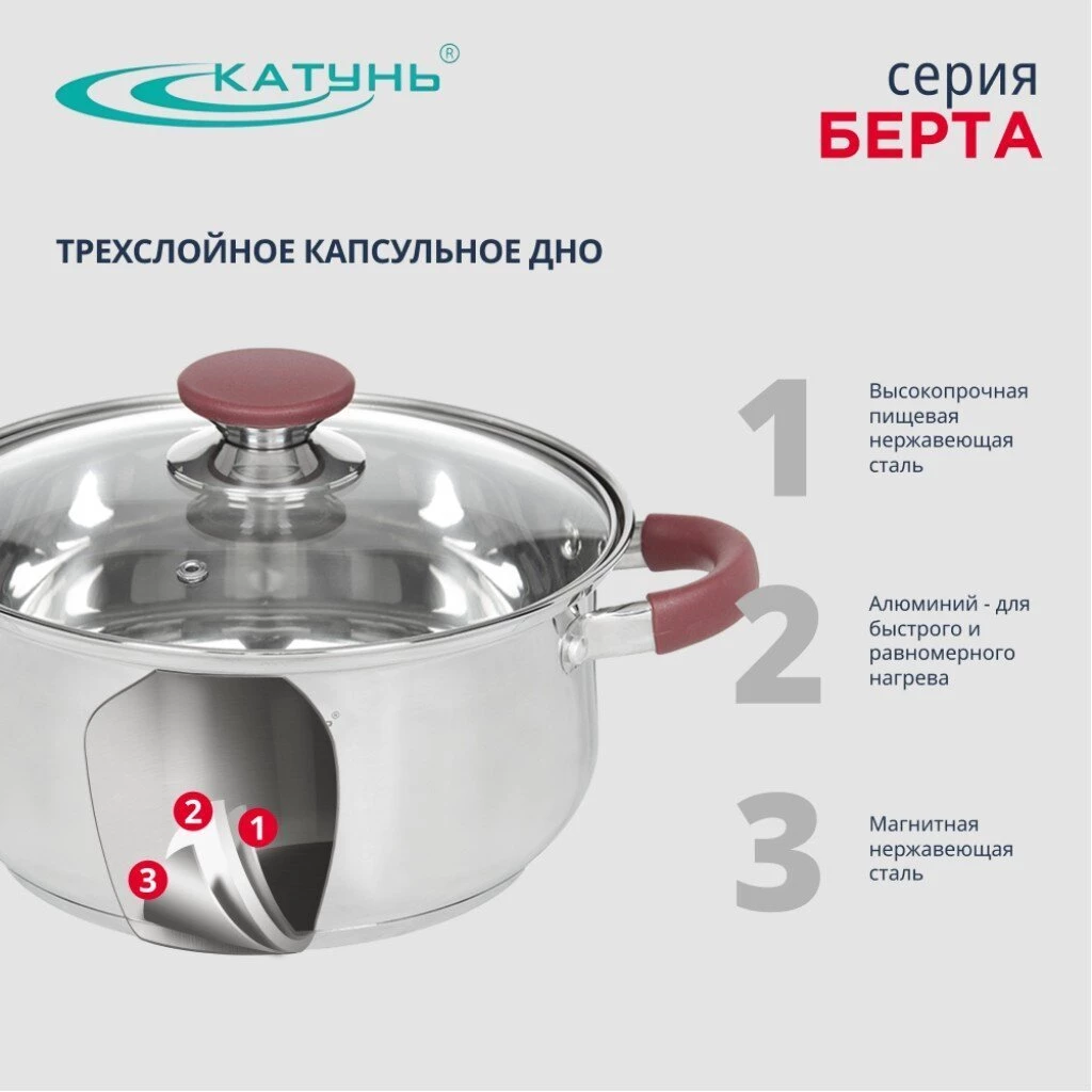 Набор посуды нержавеющая сталь, 6 предметов, кастрюли 2,3 л, ковш 1.5 л, индукция, Катунь, Берта, КТ15-В