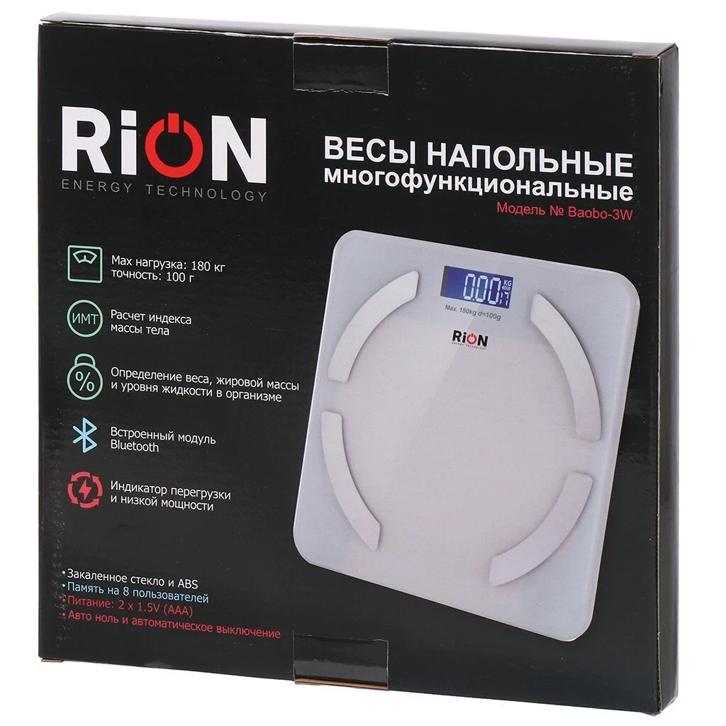 Весы напольные электронные, Rion, Baobo-3W, стекло, до 180 кг, Bluetooth, LCD-дисплей, белые