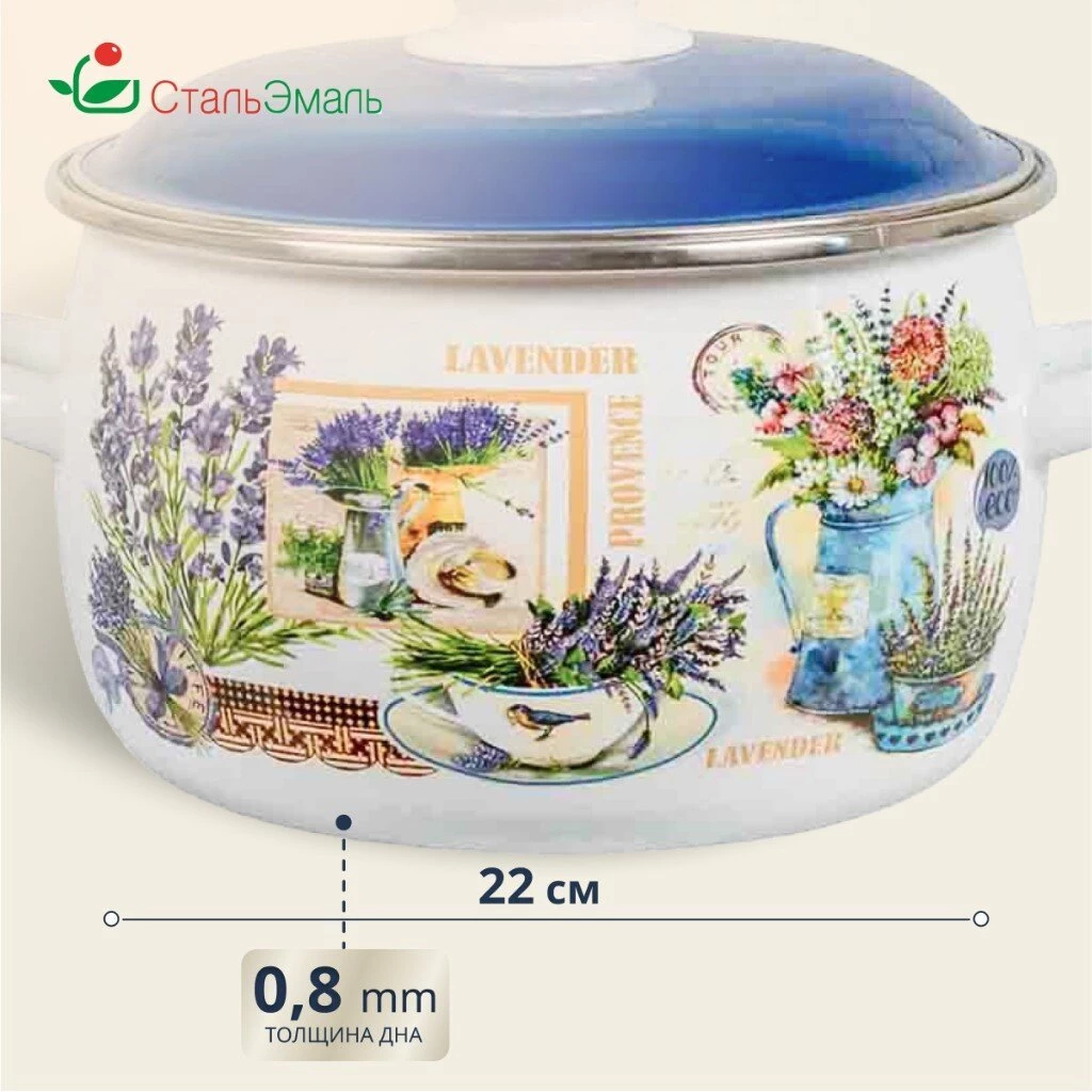 Кастрюля эмалированная сталь, 5.5 л, с крышкой, крышка сталь, сферический, СтальЭмаль, Горная лаванда, 6RC221M, индукция
