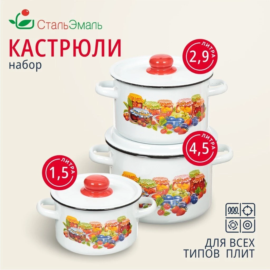 Набор посуды эмалированная сталь, 3 предмета, кастрюли 1.5,2.9,4.5 л, индукция, СтальЭмаль, Варенье, 1с144