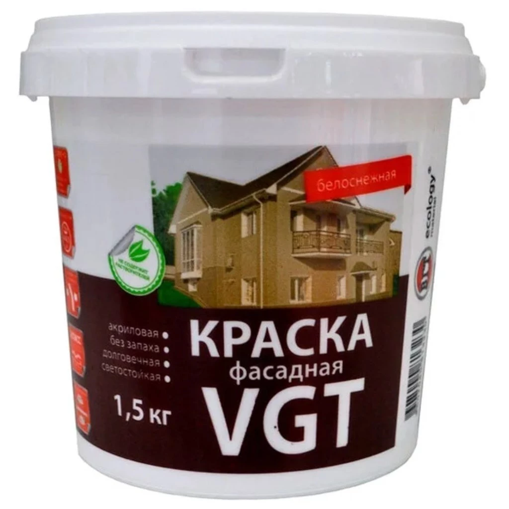 Краска воднодисперсионная, VGT, акриловая, фасадная, матовая, белоснежная, 1.5 кг