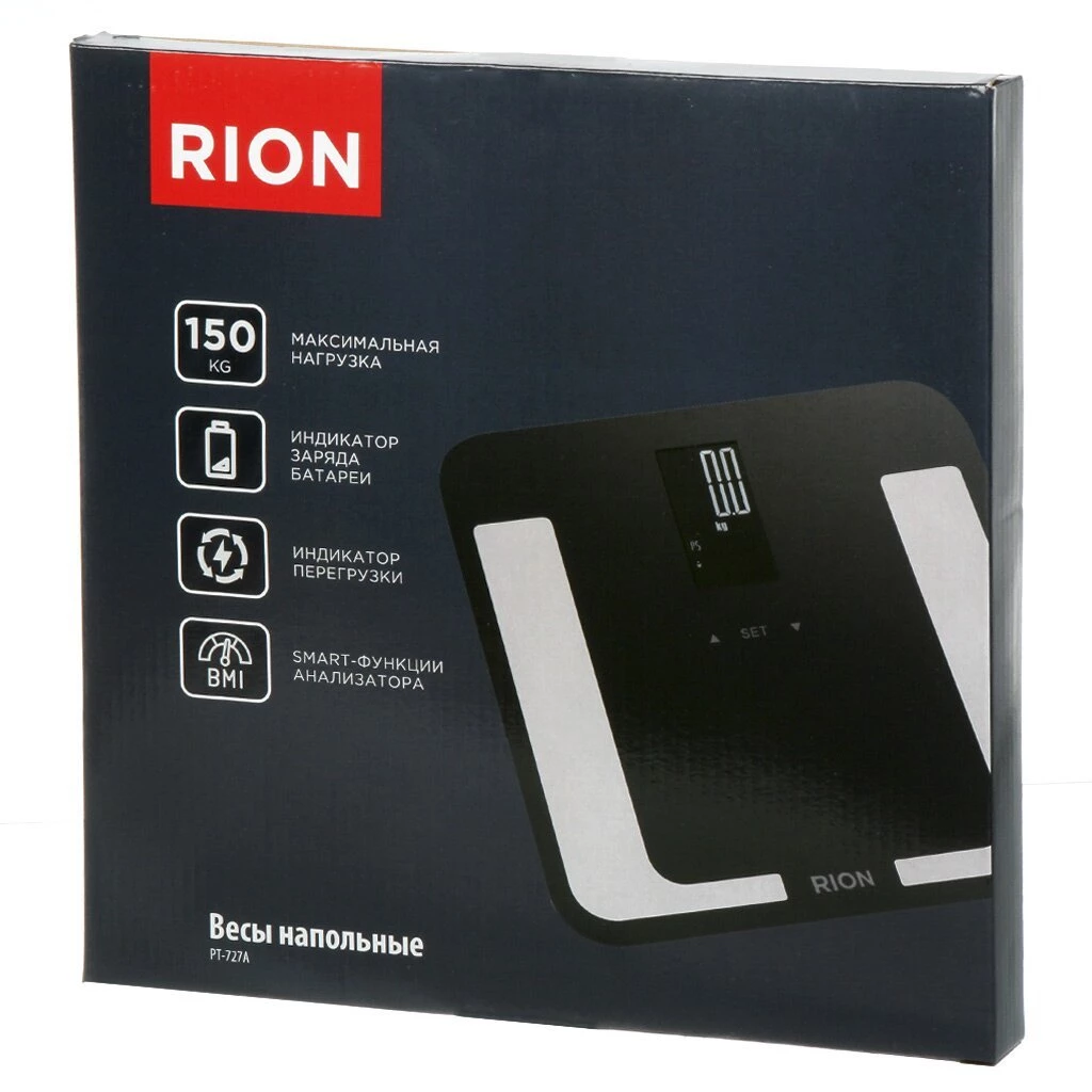 Весы напольные электронные, Rion, Smart PT-727А, стекло, до 150 кг, 30х30 см, LCD-дисплей, черные