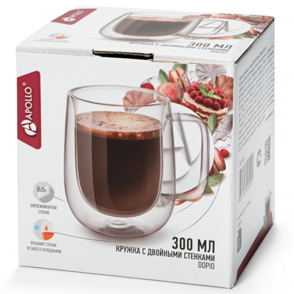 Кружка стекло, 300 мл, Dopio, двойные стенки, Apollo, DOP-300, бесцветная