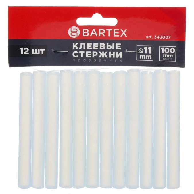 Стержни клеевые для пистолетов 12 шт, диаметр 11х100 мм, прозрачные, Bartex