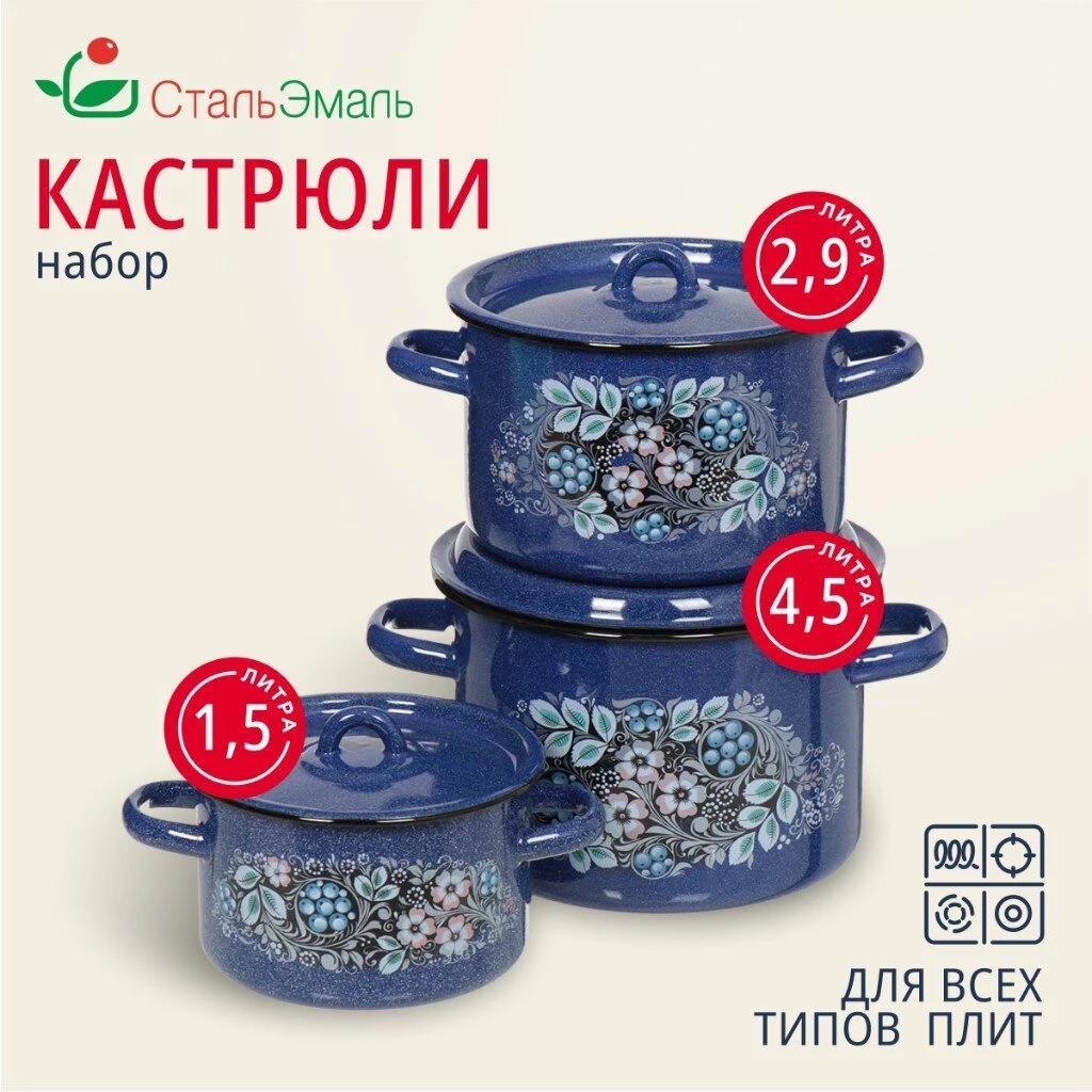 Набор посуды эмалированная сталь, 3 предмета, кастрюли 1.5,2.9,4.5 л, индукция, СтальЭмаль, Голубика, 1с33