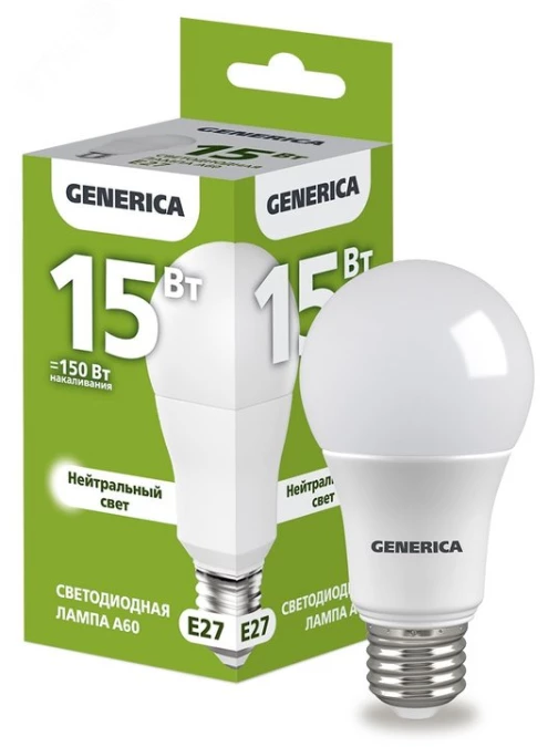 Лампа светодиодная A60 груша 15Вт 230В 4000К E27 GENERICA LL-A60-15-230-40-E27-G IE