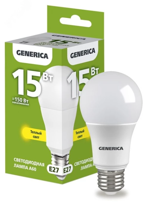 Лампа светодиодная A60 груша 15Вт 230В 3000К E27 GENERICA LL-A60-15-230-30-E27-G IEK