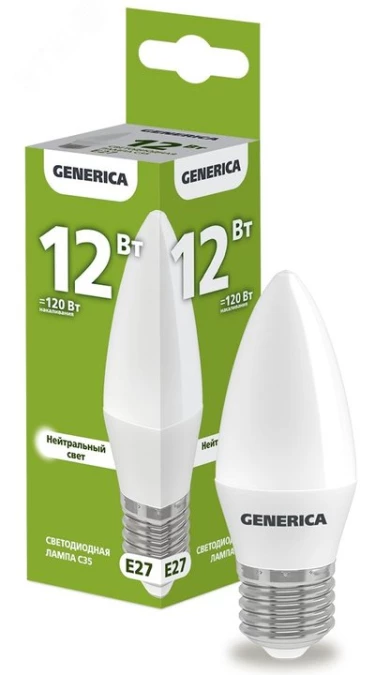 Лампа светодиодная C35 свеча 12Вт 230В 4000К E27 GENERICA LL-C35-12-230-40-E27-G IEK