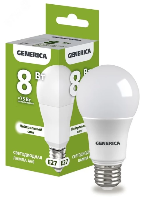 Лампа светодиодная A60 груша 8Вт 230В 4000К E27 GENERICA LL-A60-08-230-40-E27-G IEK