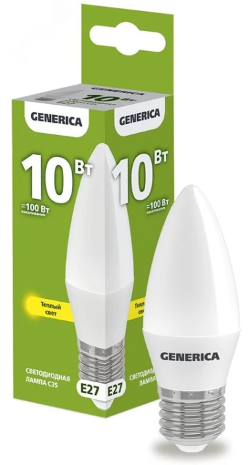 Лампа светодиодная C35 свеча 10Вт 230В 3000К E27 GENERICA LL-C35-10-230-30-E27-G IEK