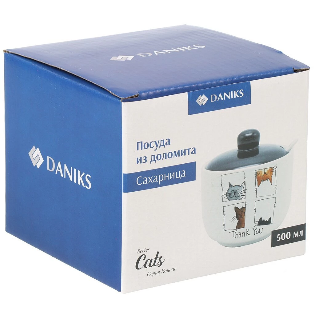 Сахарница 500 мл, доломит, 11.2х11.2х10 см, с ложкой, Daniks, Cats
