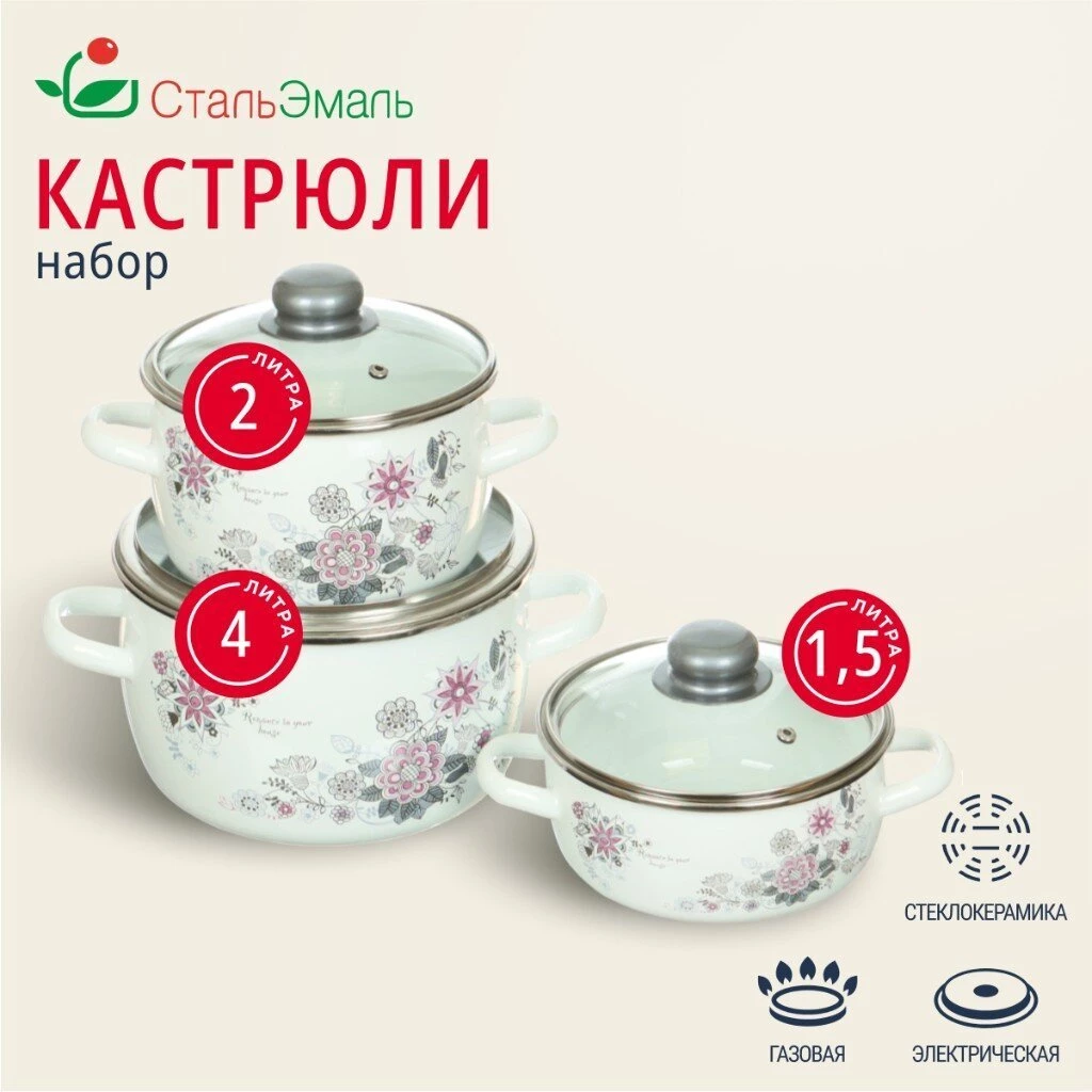 Набор посуды эмалированная сталь, 3 предмета, кастрюли 1.5,2,4 л, индукция, СтальЭмаль, Весенний романс, 1КА071S