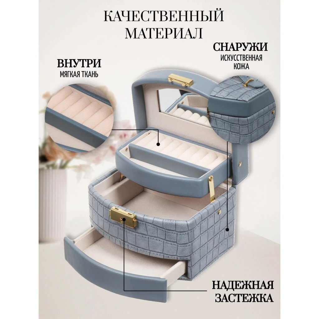 Шкатулка-кейс для украшений и косметики, полимер, 15х12х11 см, синяя, Y4-5319-2