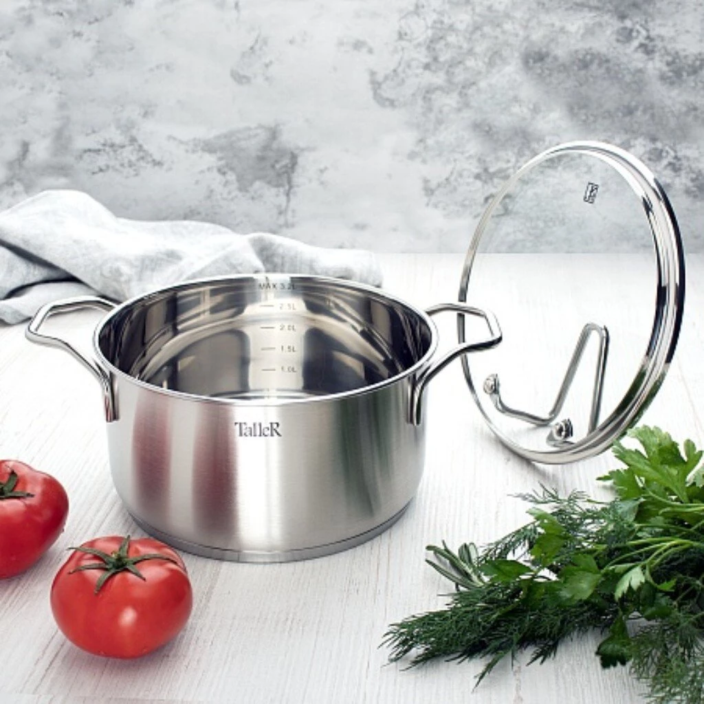 Кастрюля нержавеющая сталь, 2 л, с крышкой, крышка стекло, Taller, Инесс, TR-17256, индукция