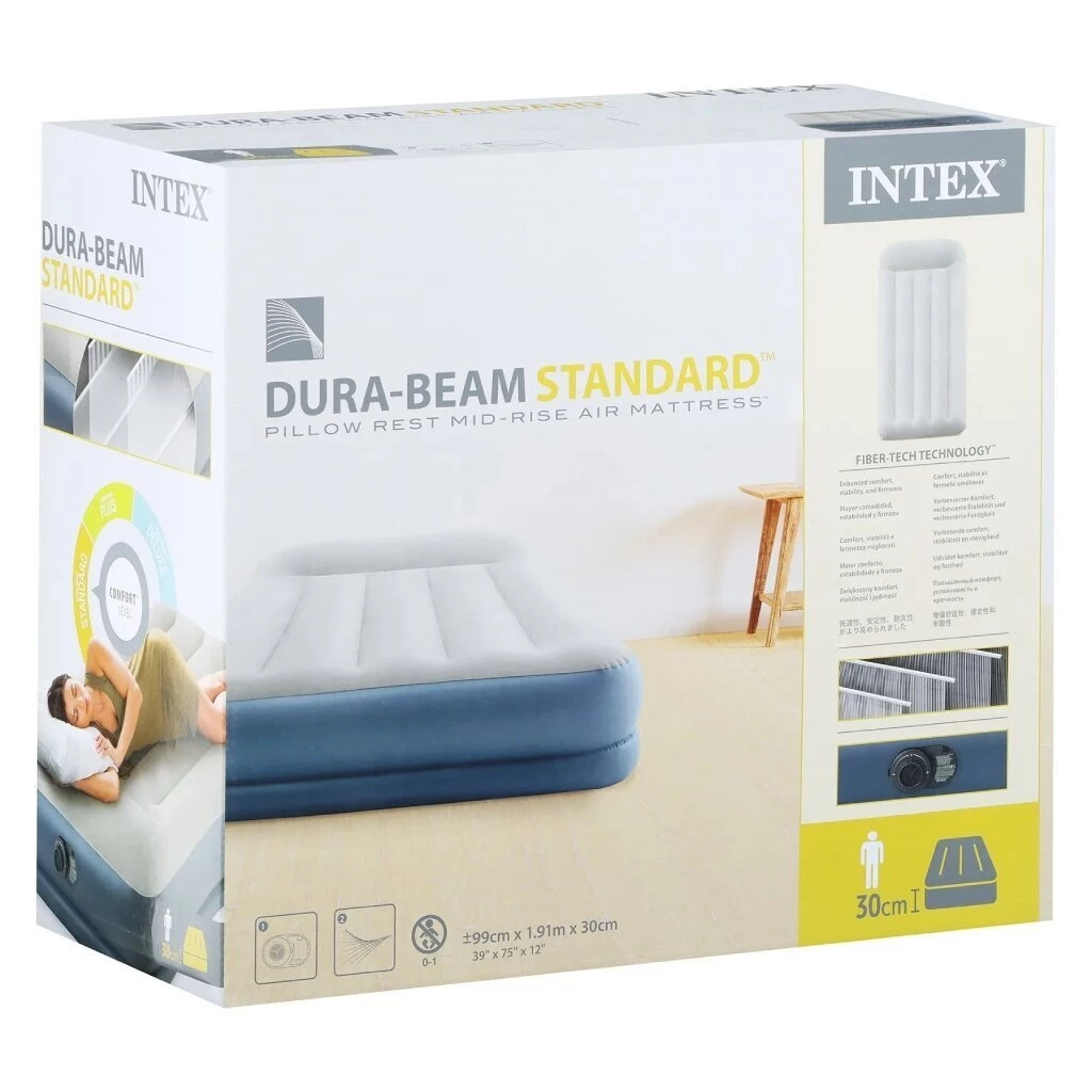 Кровать надувная Intex, 191х99х30 см, 64116ND, насос встроенный, электрический, флокированная, с ребрами жесткости, 136 кг