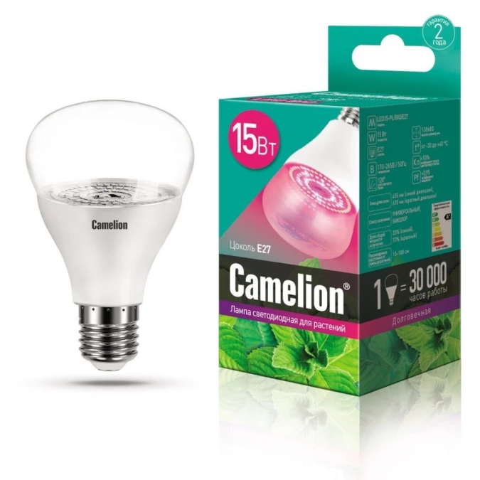Лампочка светодиодная для растений, E27, 15 Вт, 170-265 В, 125 Вт, Camelion, Фито LED15-PL/BIO, 12770