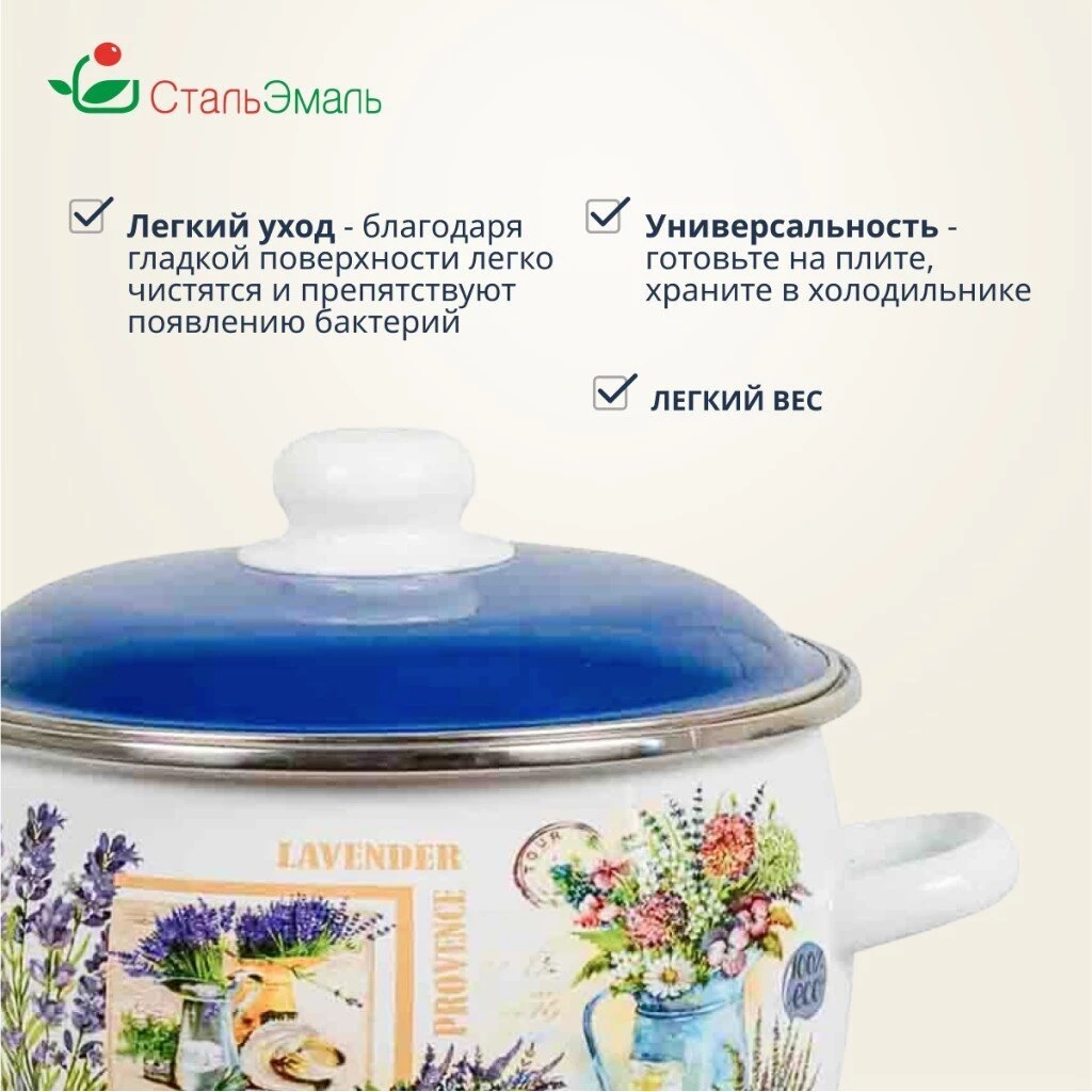 Кастрюля эмалированная сталь, 5.5 л, с крышкой, крышка сталь, сферический, СтальЭмаль, Горная лаванда, 6RC221M, индукция