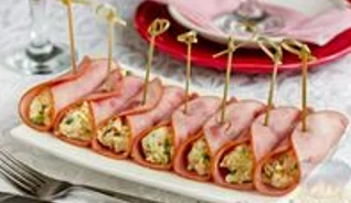 Рулетики из ветчины с сыром, крабовыми палочками и яйцом (на 2 чел)