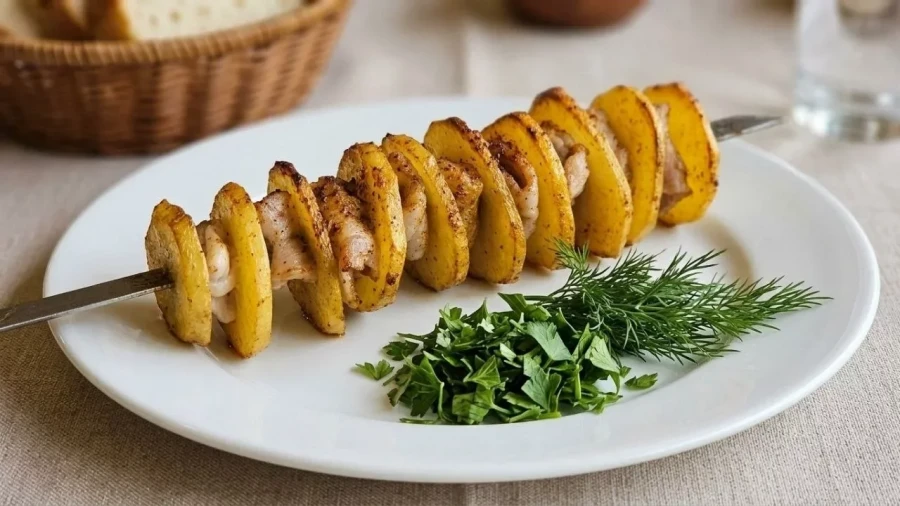 Запеченный картофель с курдюком шашлык