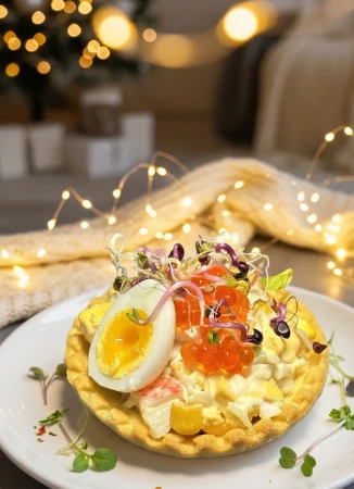 Тарталетка оливье морской с креветкой и кальмаром