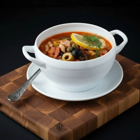 Солянка сборная мясная со сметаной и жареными тостами