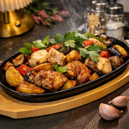 Жарёха из двух видов мяса с овощами и картофелем