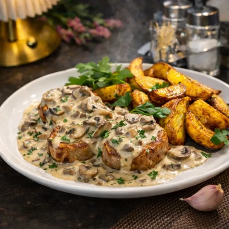 Свиные медальоны под сливочно-грибным соусом с картофелем по-деревенски