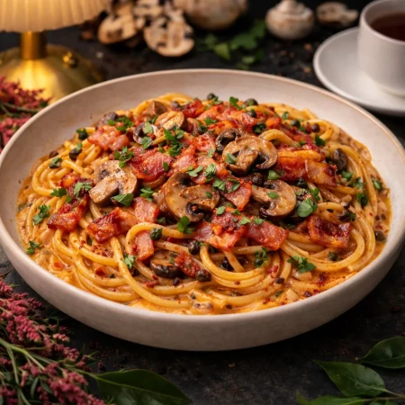 Паста с грибами, беконом и копчёной паприкой