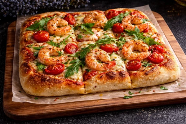 Пицца с креветками и черри