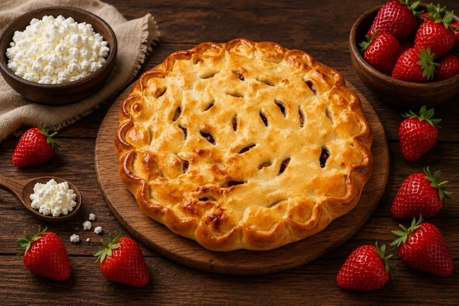 Сладкий пирог с творогом и клубникой