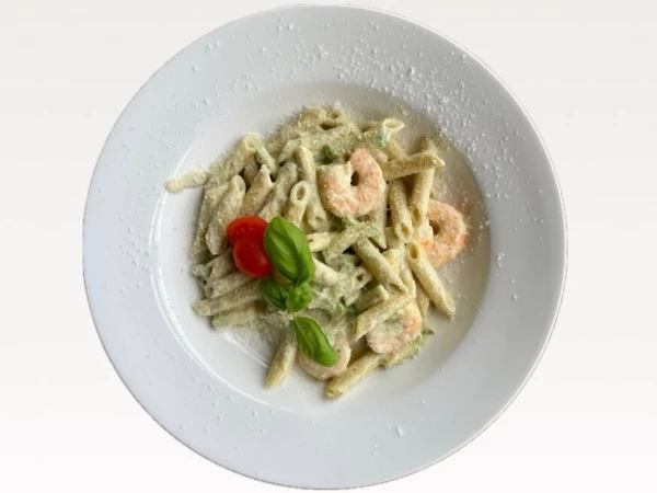 Пенне с креветками и соусом песто