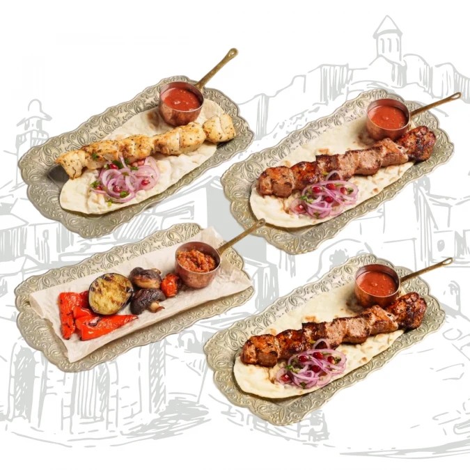 Комбо шашлыков (куриный,баранина,свинина, овощи на мангале)