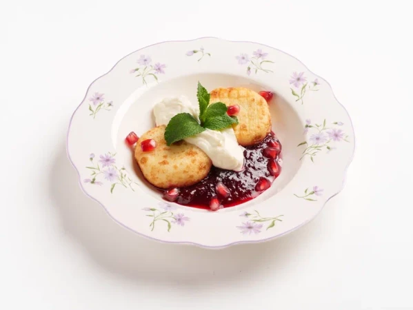 Сырники с ванильным мацони и брусничным комфи