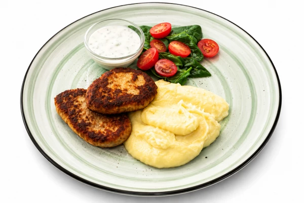 Котлеты из индейки с пюре и йогуртовым соусом