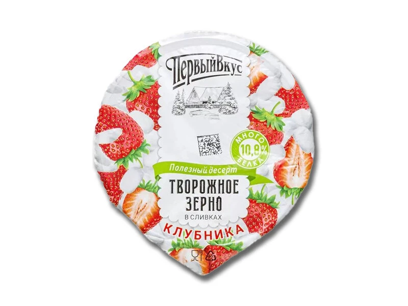 Творожное зерно в сливках с клубникой 2-х секц. п/стакан 5% 105+25г