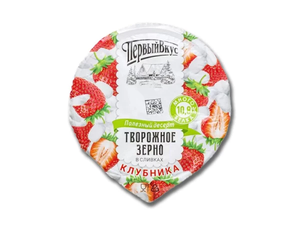 Творожное зерно в сливках с клубникой 2-х секц. п/стакан 5% 105+25г