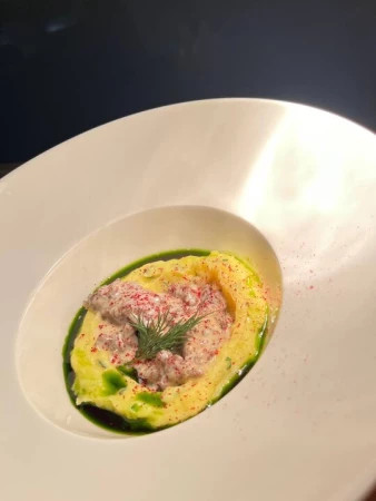 Классический строганов с картофельным пюре и кантом из зеленого масла