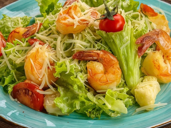 Салат Цезарь с тигровыми креветками 