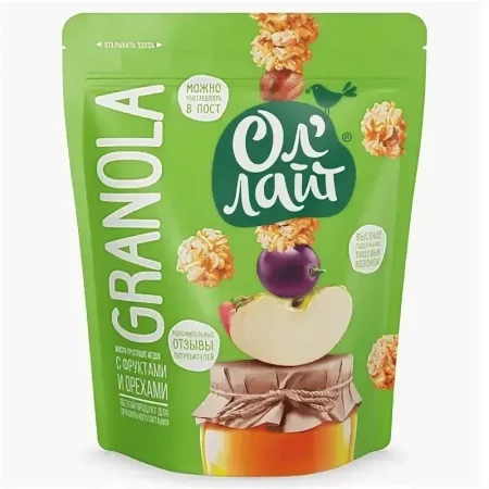 Мюсли хрустящие медовые "Ол лайт" с фруктами и орехами, 280г
