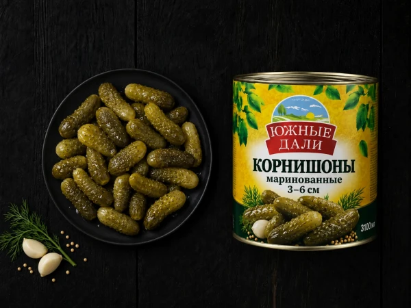 Корнишоны 3100 мл. (3-6 см) 1600кг маринованные Южные дали(6шт/уп)