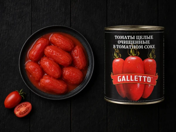 Томаты целые очищенные Galletto в томатном соке, ж/б, 2,5 кг Perano Enrico,Италия (1,5кг)(6шт/упак)