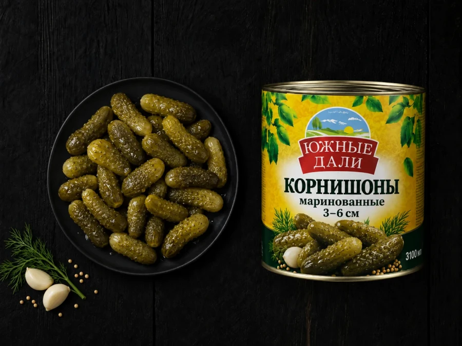 Корнишоны 3100 мл. (3-6 см) 1600кг маринованные Южные дали(6шт/уп)