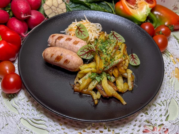 Куриные сардельки с жареной картошкой и солёной капустой