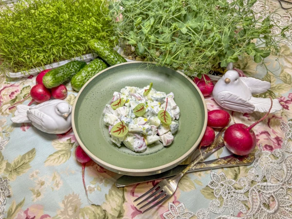 Дачный летний салат из огурцов и редиски с зелёным луком и сметаной