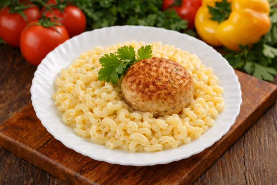 Котлета куриная с макаронами